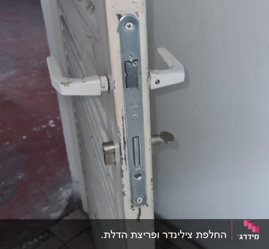 מנעול דלת עם ידיות לבנות במצב פתוח